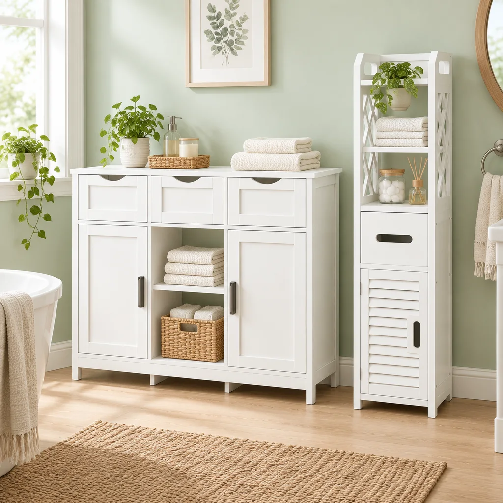 White storage cabinet and narrow white bathroom storage tower