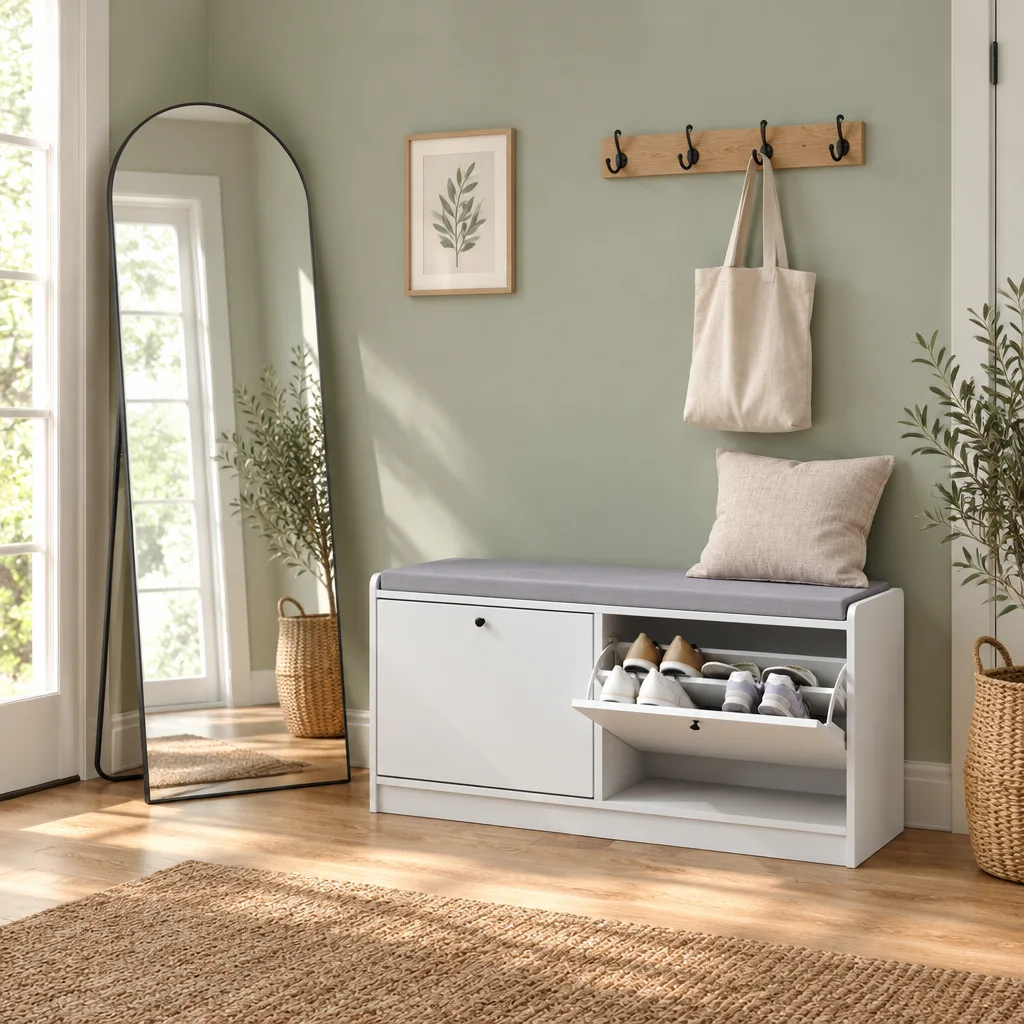 White shoe bench with grey cushion beside a tall arched black-framed floor mirror in an entryway