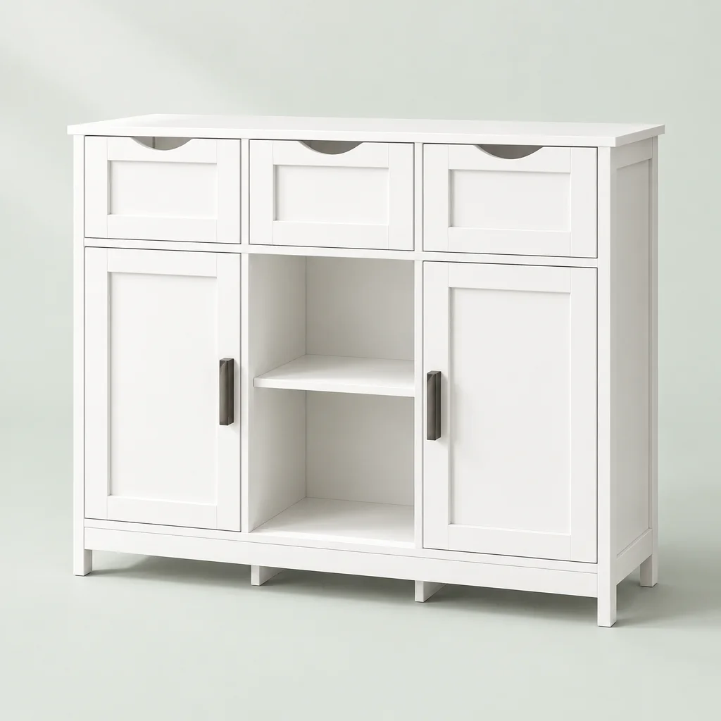 White storage cabinet with three drawers, two doors and an open center shelf