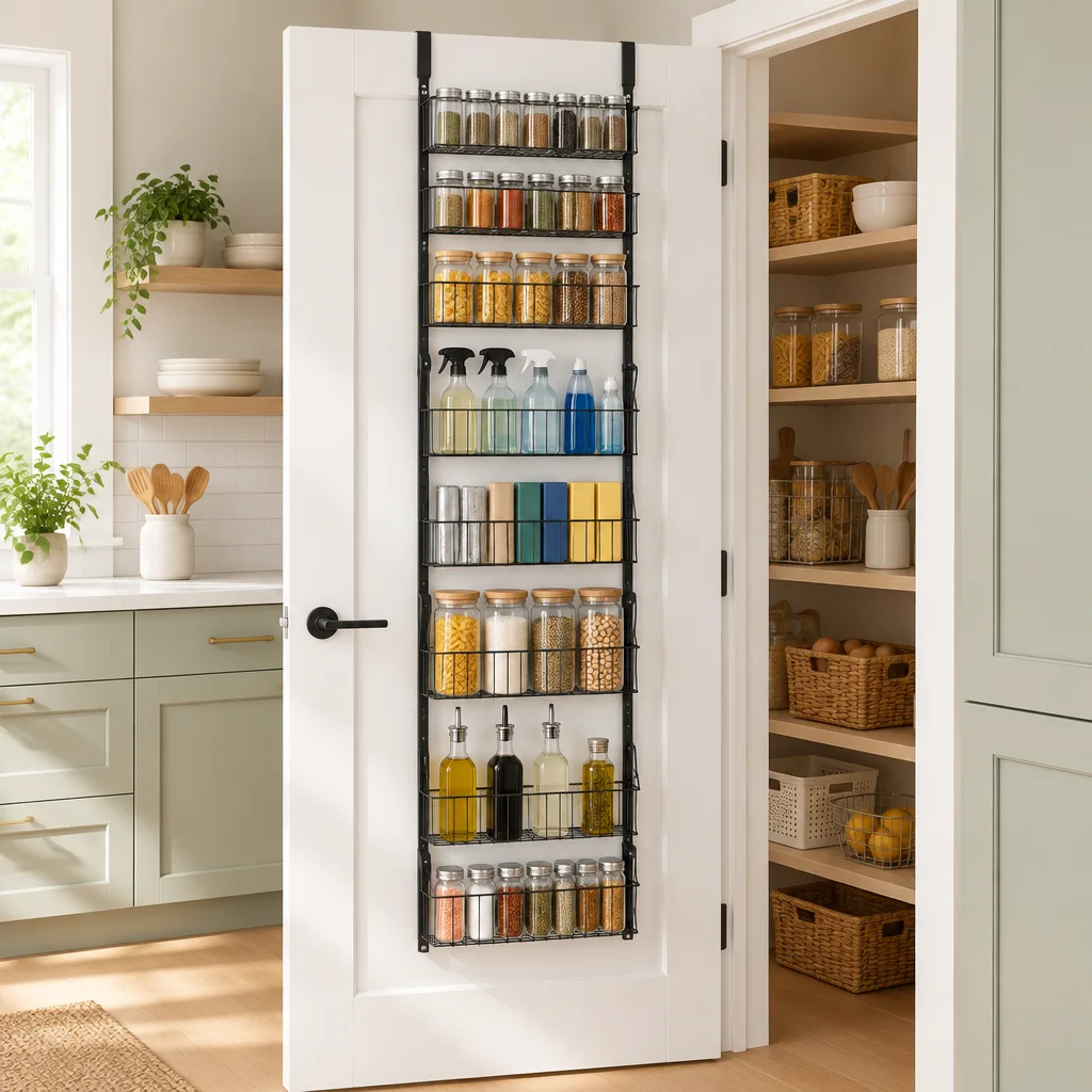 Black eight-tier organizer hanging on the back of a white door, filled with pantry items