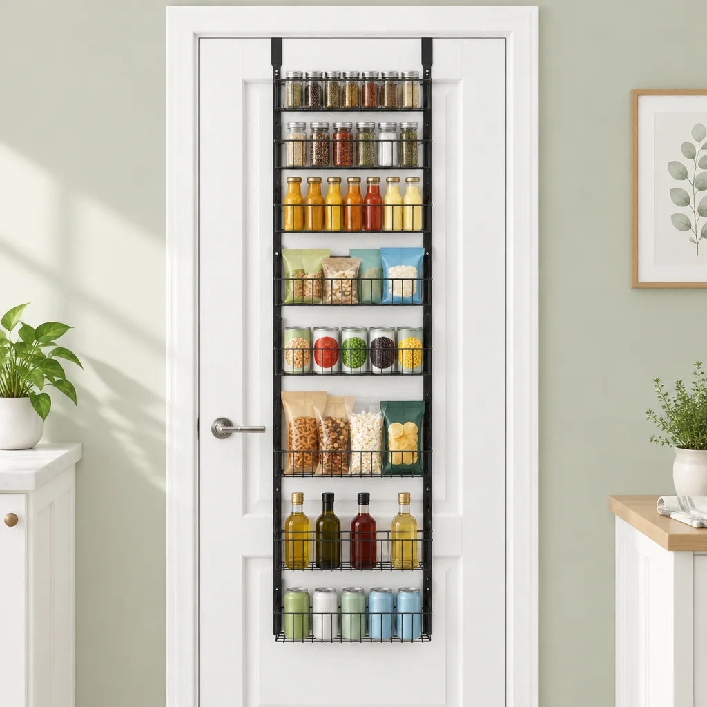 Black eight-tier organizer hanging on the back of a white door, filled with pantry items