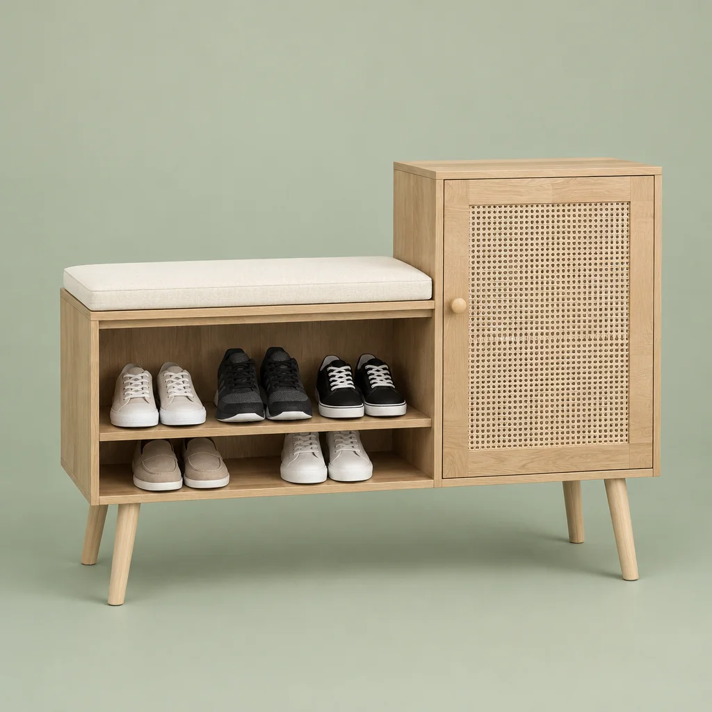 Natural wood entry bench with open shoe shelves, a cream cushion and a rattan-door cabinet