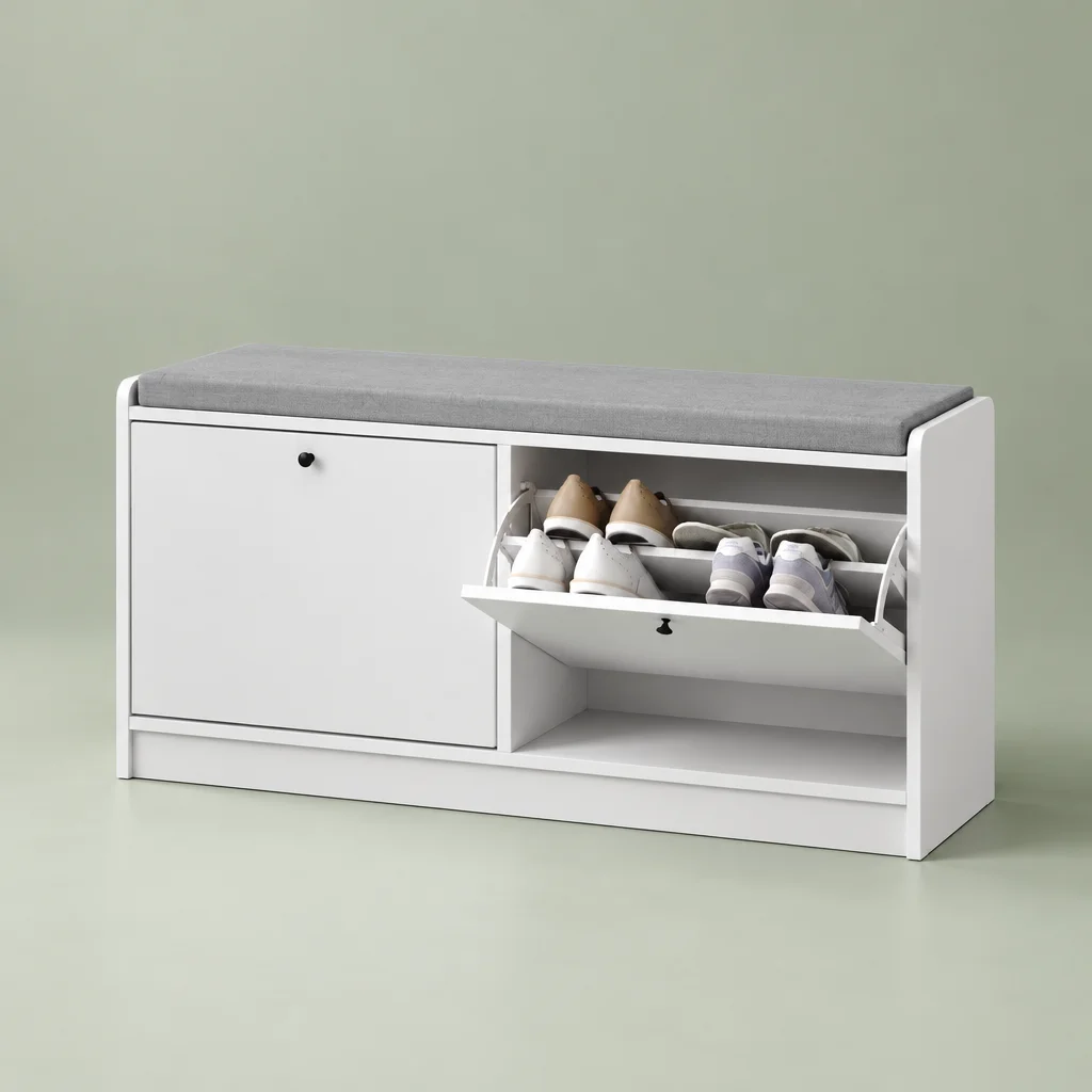 White entryway shoe bench with grey cushion seat and a flip-down shoe drawer