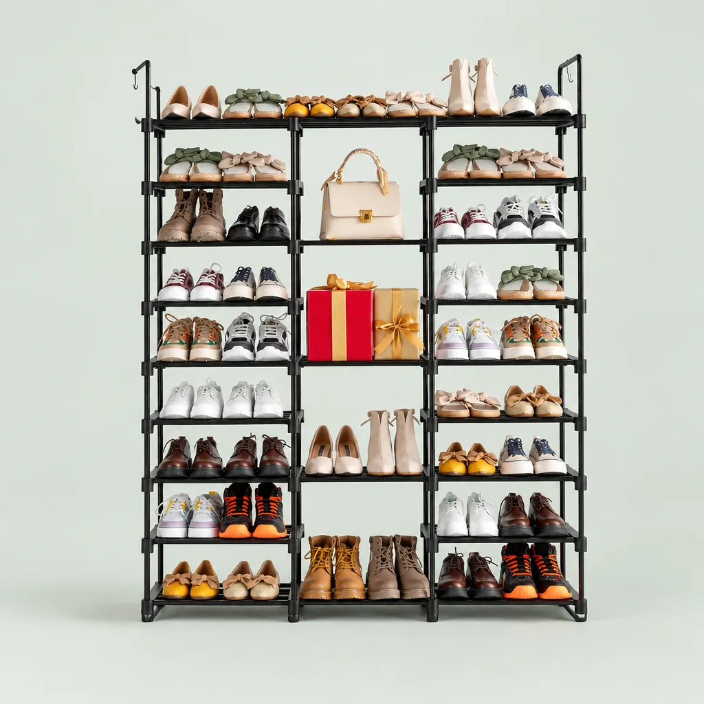 Wide black nine-tier shoe rack holding about fifty pairs of shoes