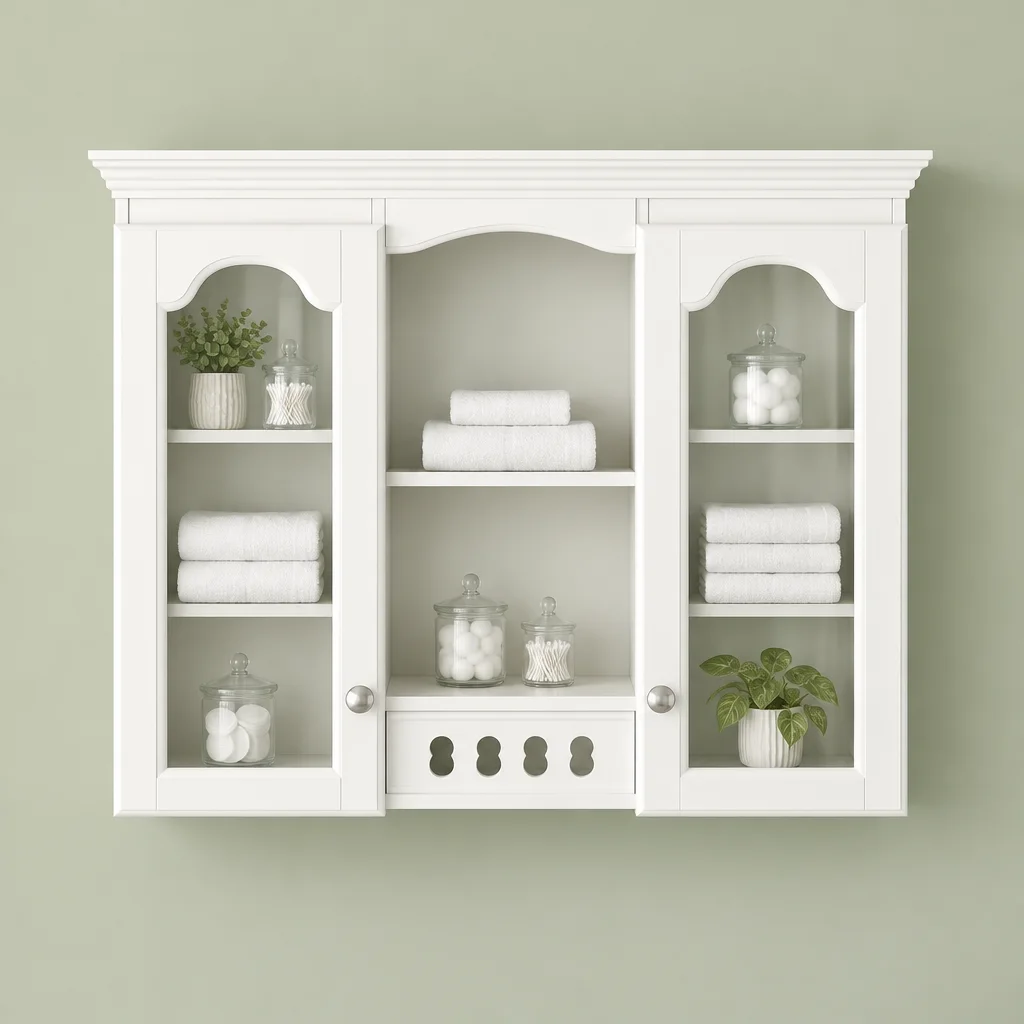 White wall-mounted bathroom cabinet with two arched glass doors and open center shelves